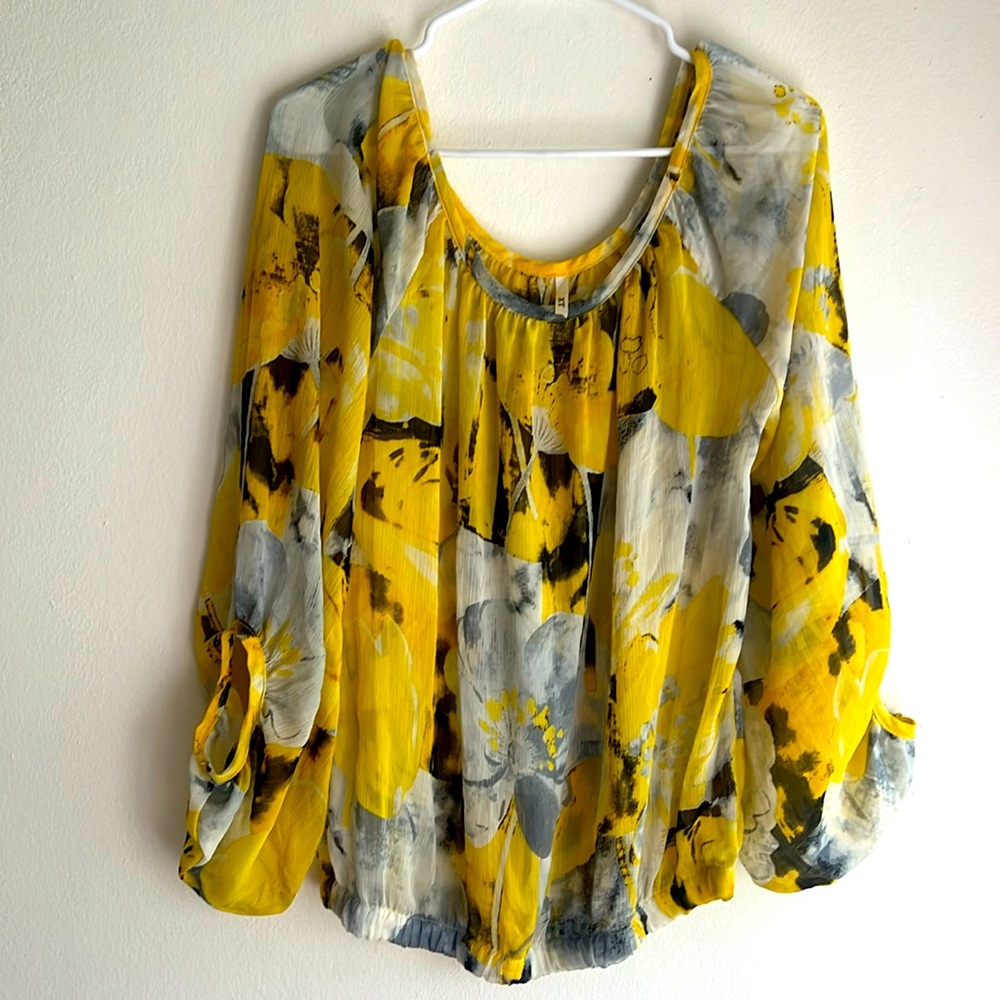 Women’s Sheer Blouse with Floral Print - Yellow/Black/Gray - Medium